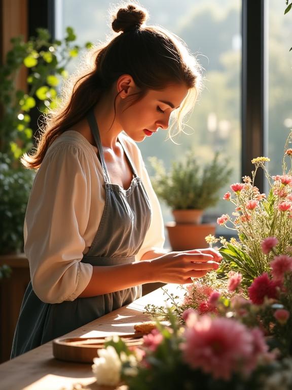 The founder of Petal Arc arranging flowers in a sunlit Melbourne studio.